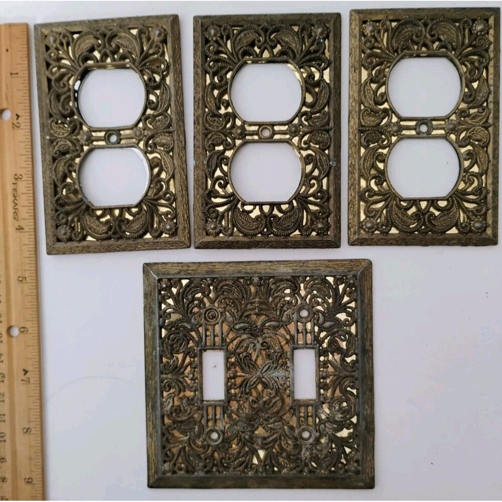 Vtg Ornate Brass Filigree Switch Plate Lot 4 Double Toggle 3 Duplex Outlet Cover